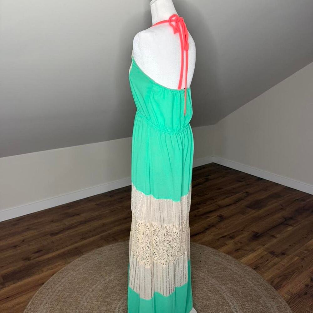 DejaVu Mint Green Lace Halter Maxi Dress Size M Boho Beachy Summer - Picture 5 of 7